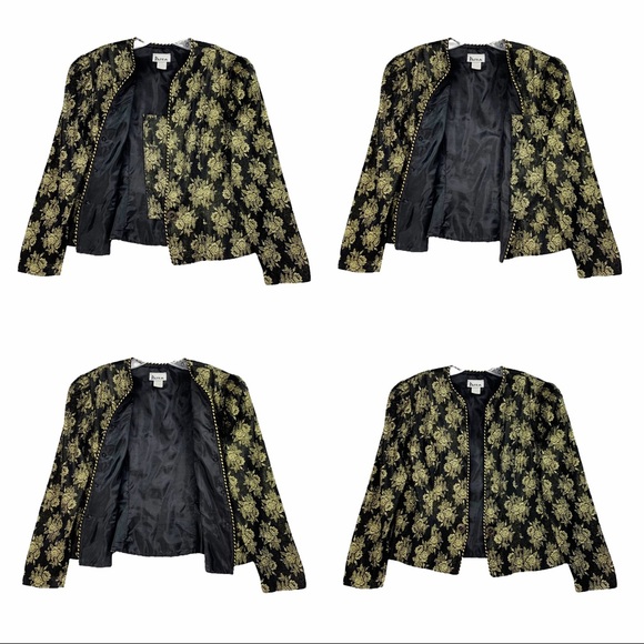 Vintage Black Metallic Gold Floral Evening Jacket Blazer Convertible Top - Picture 5 of 16